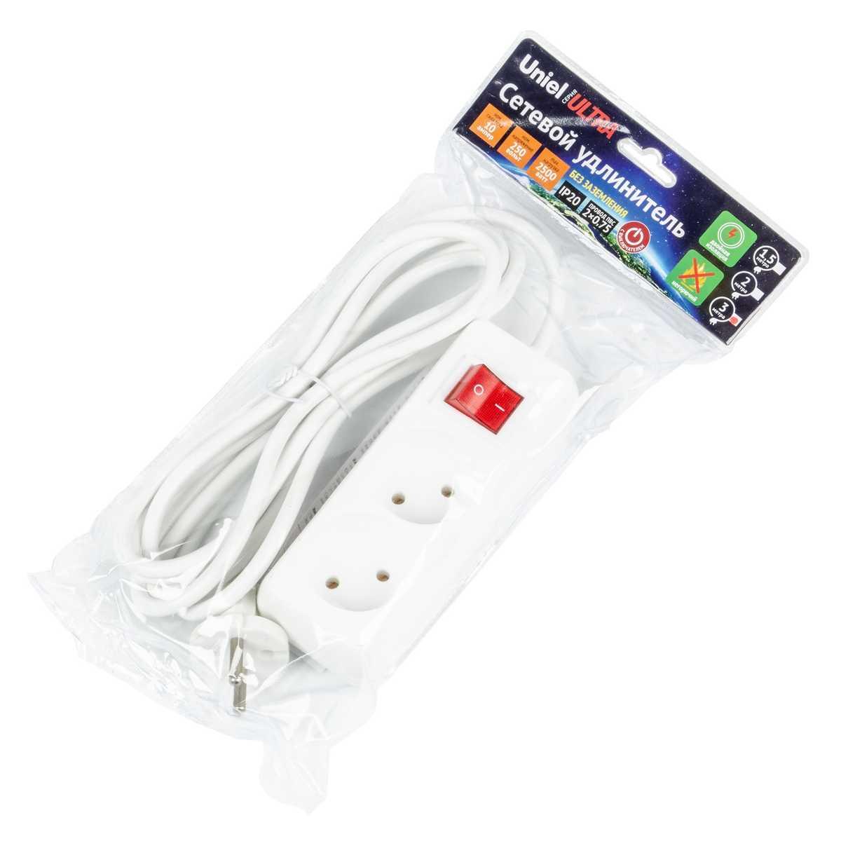 фото удлинитель uniel ultra 2гн х 3м б/з s-cu2-3b white ul-00009992 | 220svet.ru