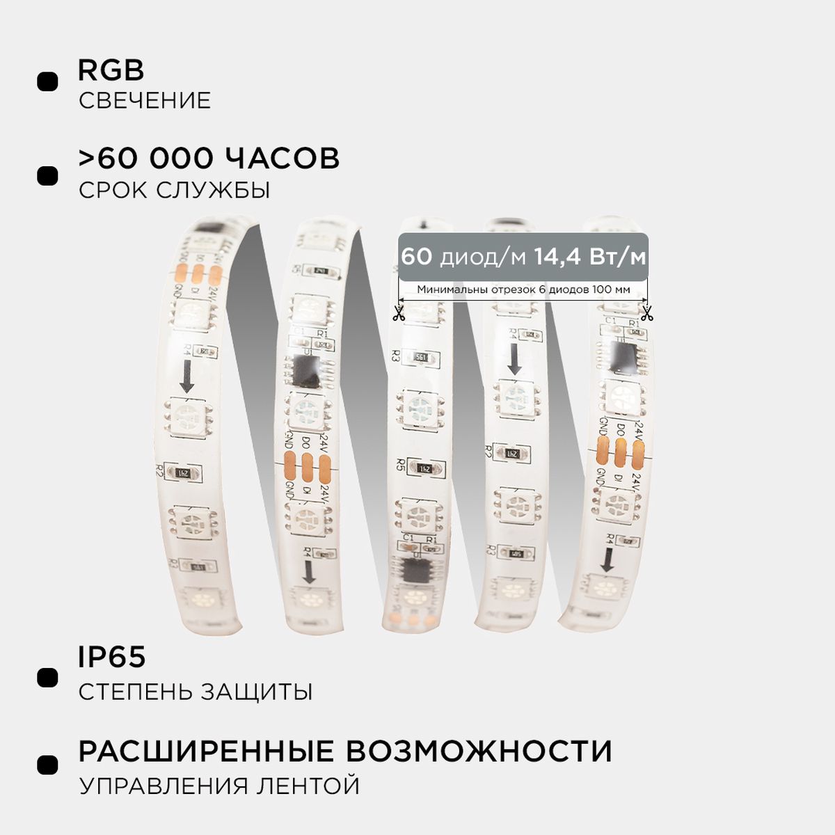 фото комплект адресной светодиодной ленты apeyron 14,4w/m 60led/m 5050smd rgb 2m 10-95 | 220svet.ru
