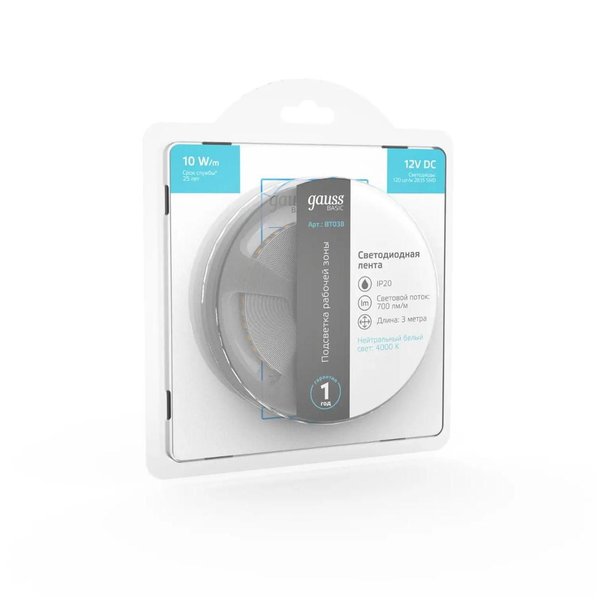 фото лента gauss 10w/m 120led/m 2835smd нейтральный белый 3m bt038 | 220svet.ru