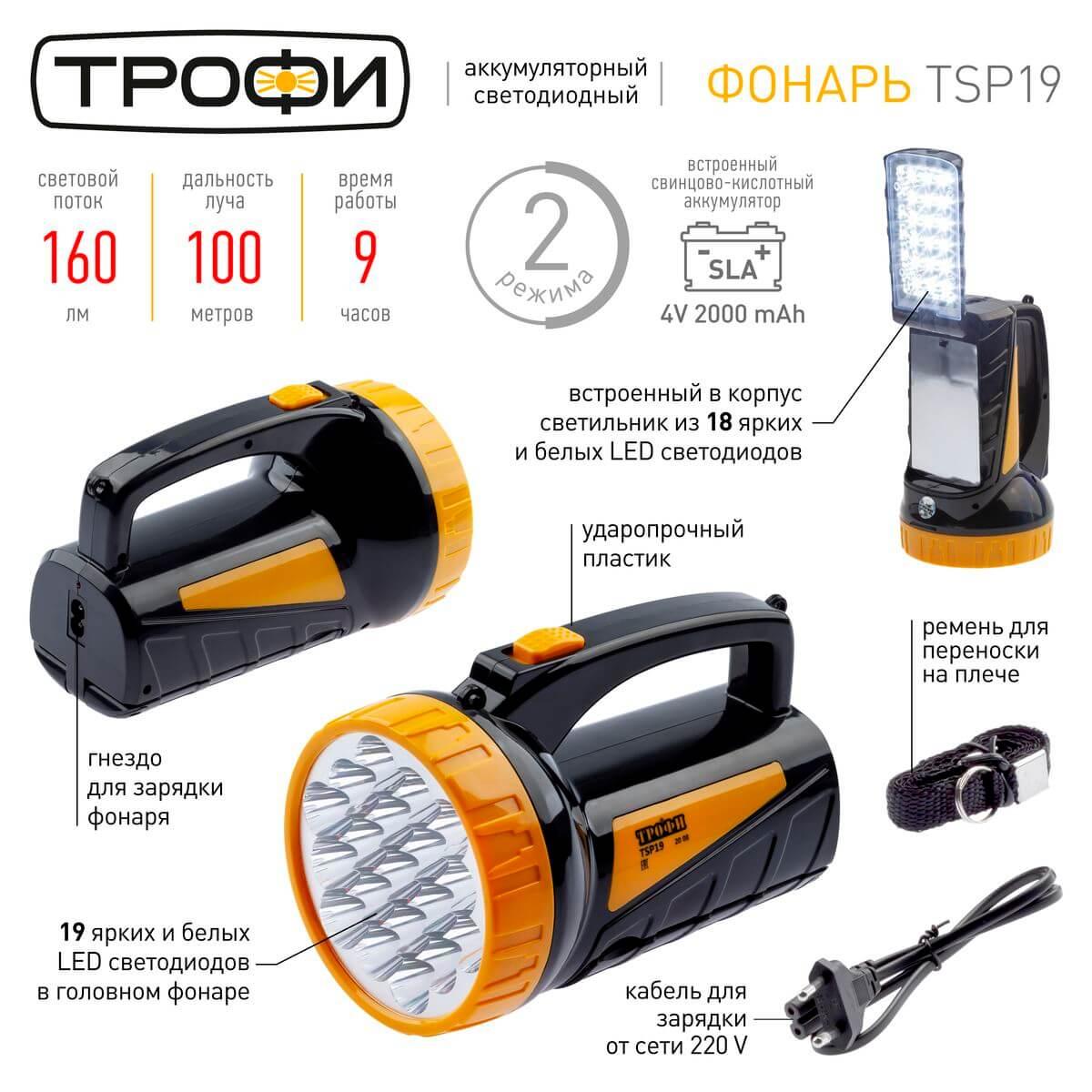фото фонарь-прожектор светодиодный эра аккумуляторный 175х123х107 160 лм tsp19 c0045552 | 220svet.ru