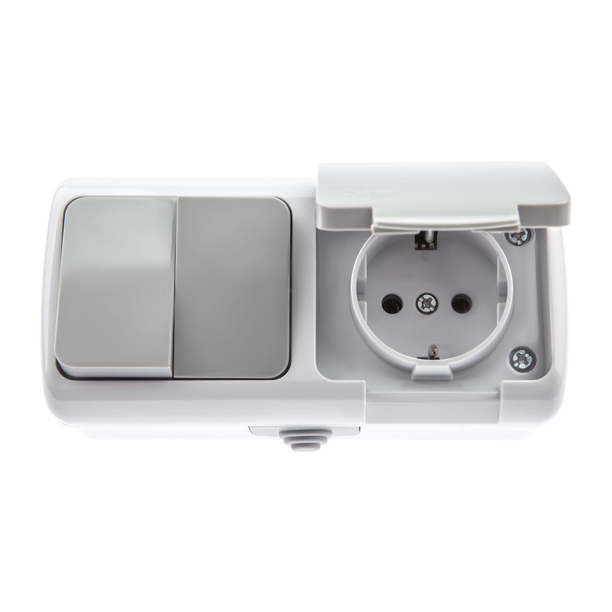 фото блок розетка-выключатель двухклавишный эра intro atlantic ip54 16/10a 250v с крышкой 5-702-03 б0050948 | 220svet.ru