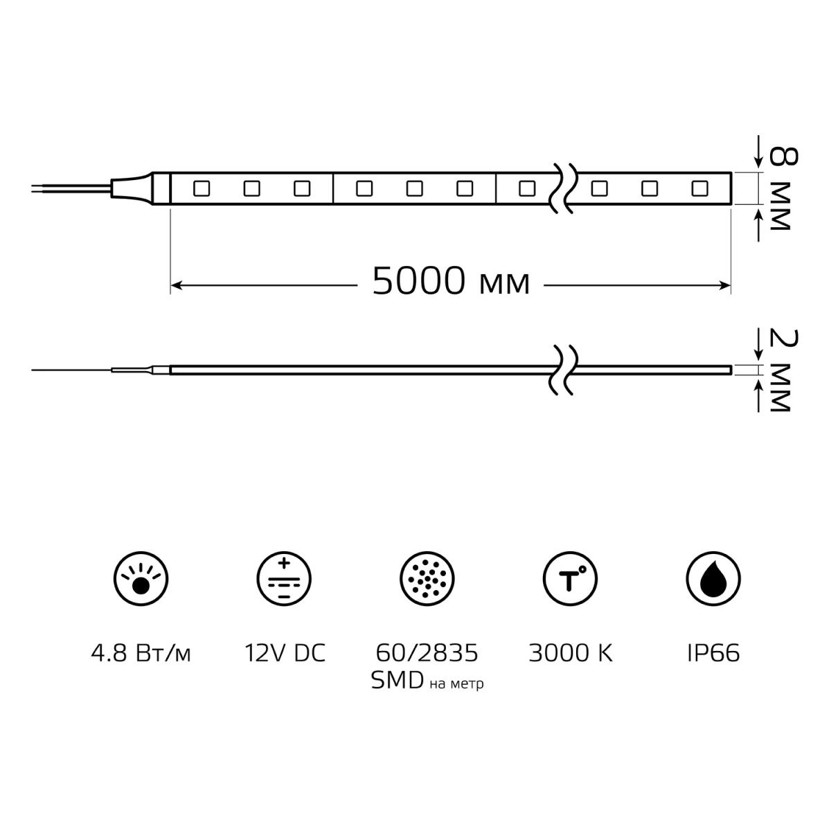 фото светодиодная влагозащищенная лента gauss 4,8w/m 60led/m 2835smd теплый белый 5m 311000105 | 220svet.ru