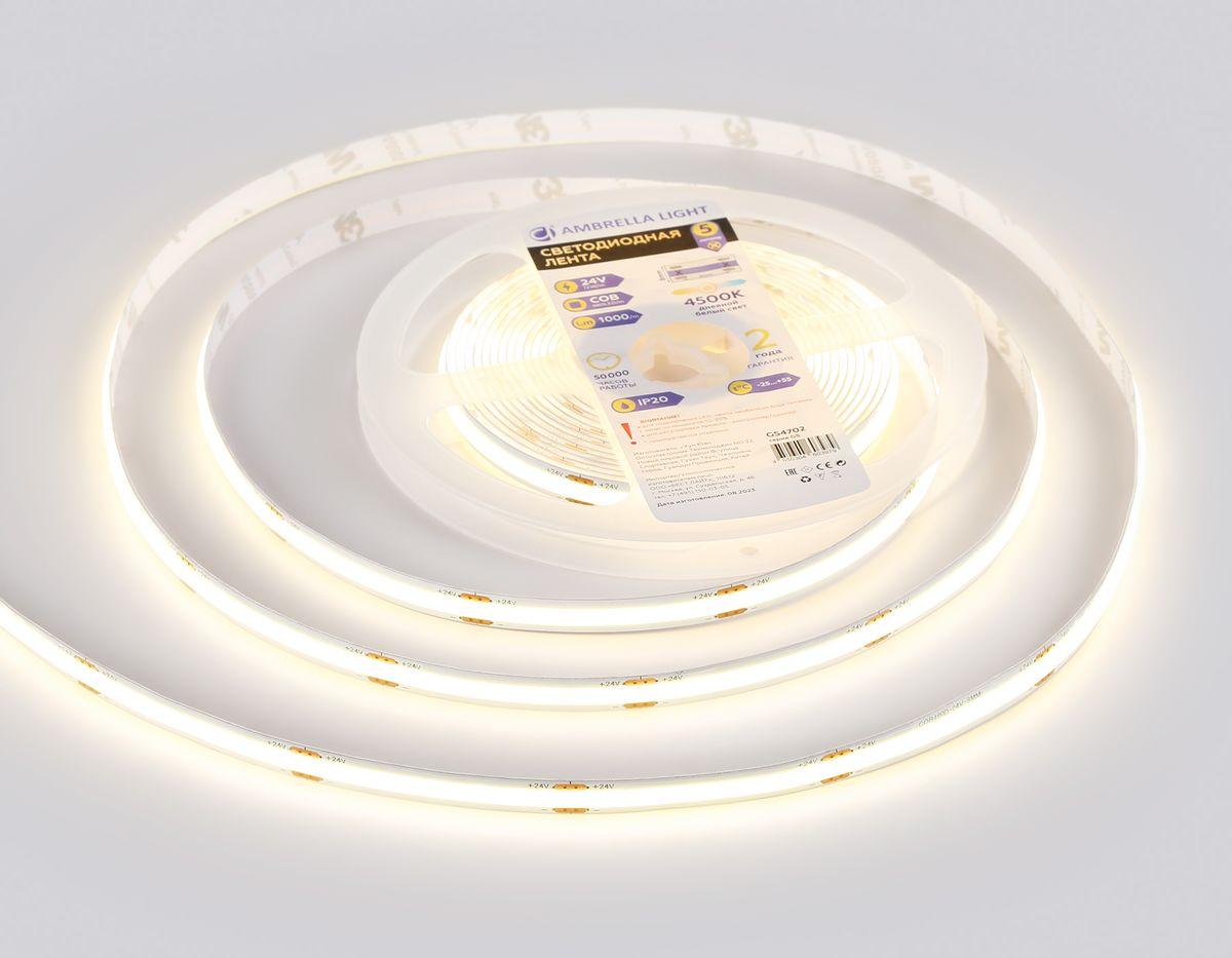фото светодиодная лента дневной белый ambrella light 12w/m 480led/m cob 3000к 5m gs4702 | 220svet.ru